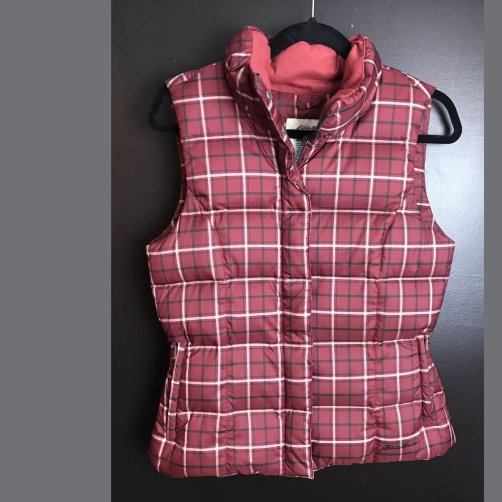 EDDIE BAUER Goose Down Plaid Puffer Vest Jacket Red Black White Layering Coat
